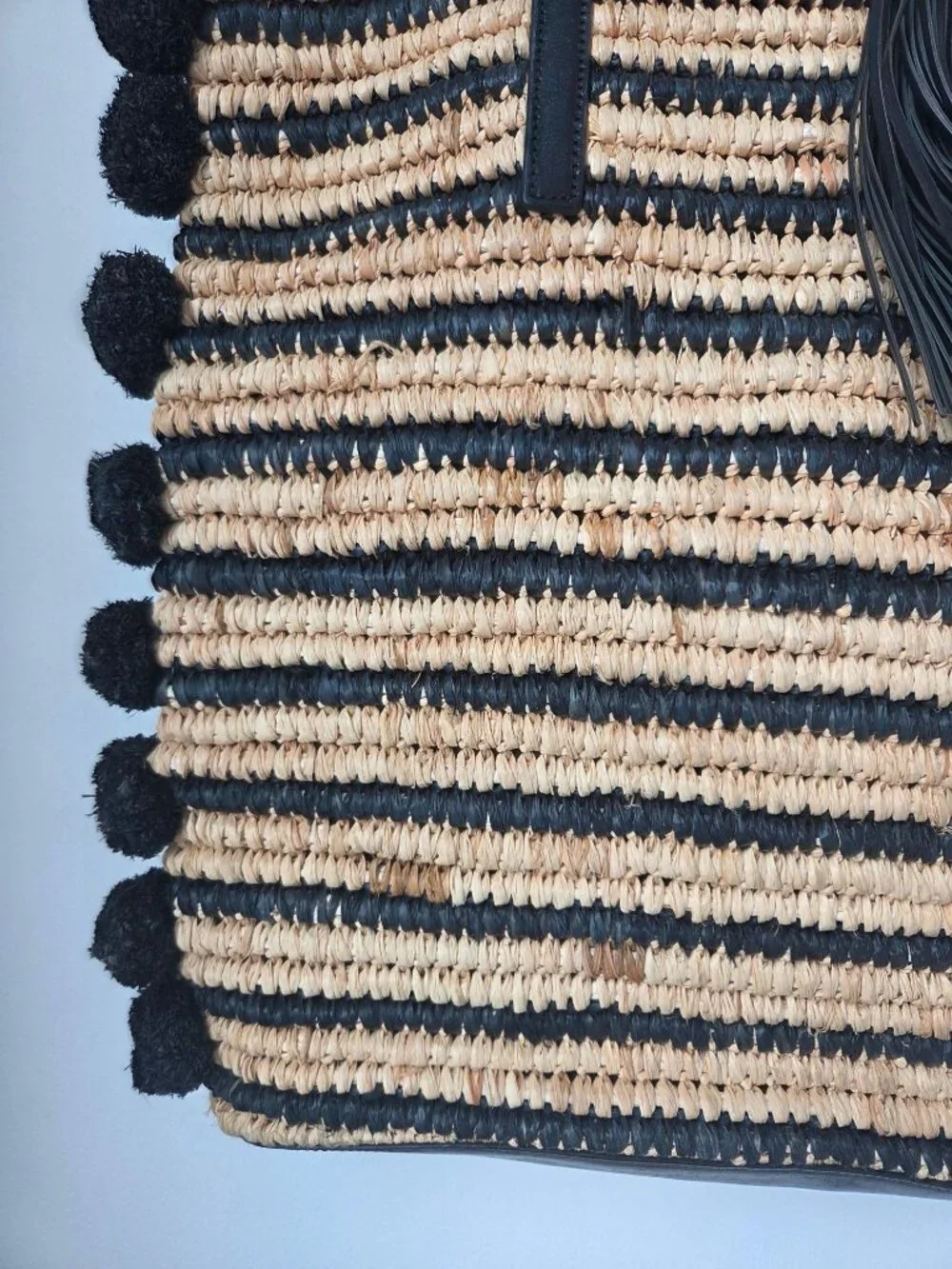 Loeffler Randall Striped Straw Tote Black Leather Straps & Tassel Pom-Pom Edges
